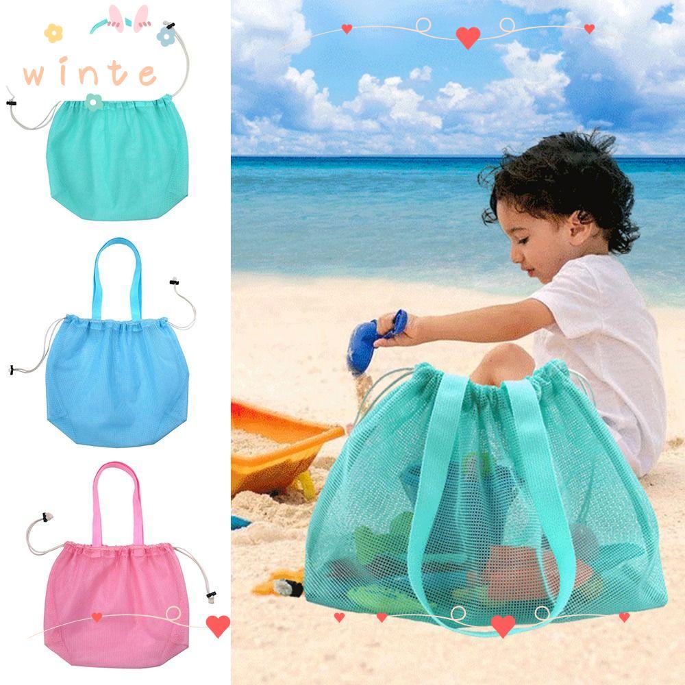 WINTE Beach Tote Handbag, ถุงตาข่ายแห้งเร็วกันน้ํา, ถุงเก็บเชือกรูดแบบพกพาซักได้ชายหาด