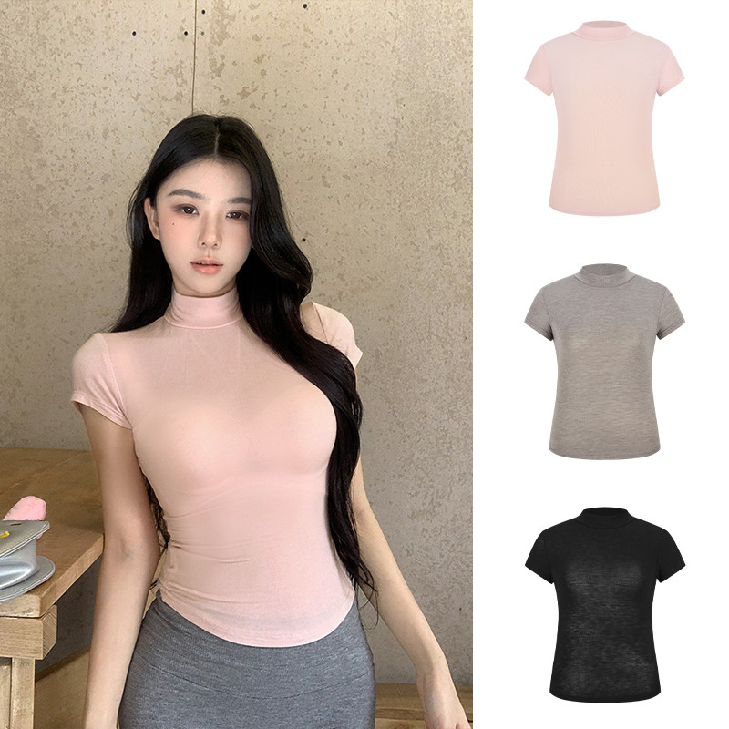 <Moses Queen> เสื้อยืดแขนสั้นคอสูงเข้ารูป เสื้อตัวในเนื้อบางเบาสำหรับฤดูร้อน ช่วยให้ดูผอมเพรียว