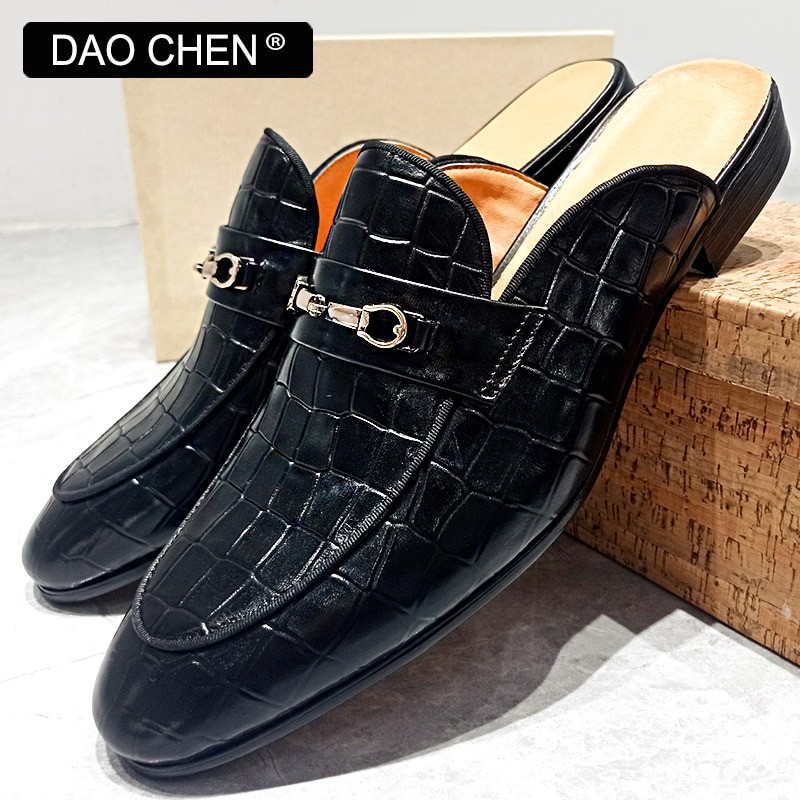 Men's Mules Half Shoes Crocodile Print Mens Dress Causal Shoes Horsebit Black Brown Shallow Breathab
