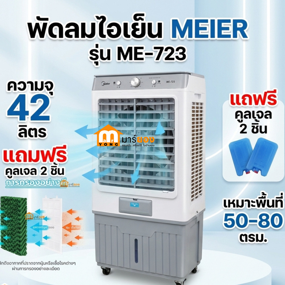 พัดลมไอเย็น ความจุ 42ลิตร MEIER รุ่น ME-723  แถมฟรีคูลเจล2ชิ้น ช่องระบายกว้างเหมาะพื้นที่50-80ตรม #ร