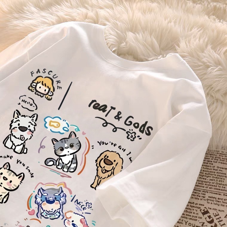 CODJapan Retro Breathable การ์ตูนแมวและสุนัขพิมพ์เสื้อยืดผู้หญิงนักเรียนนุ่มรอบคอขนาดใหญ่หลวมด้านบนK