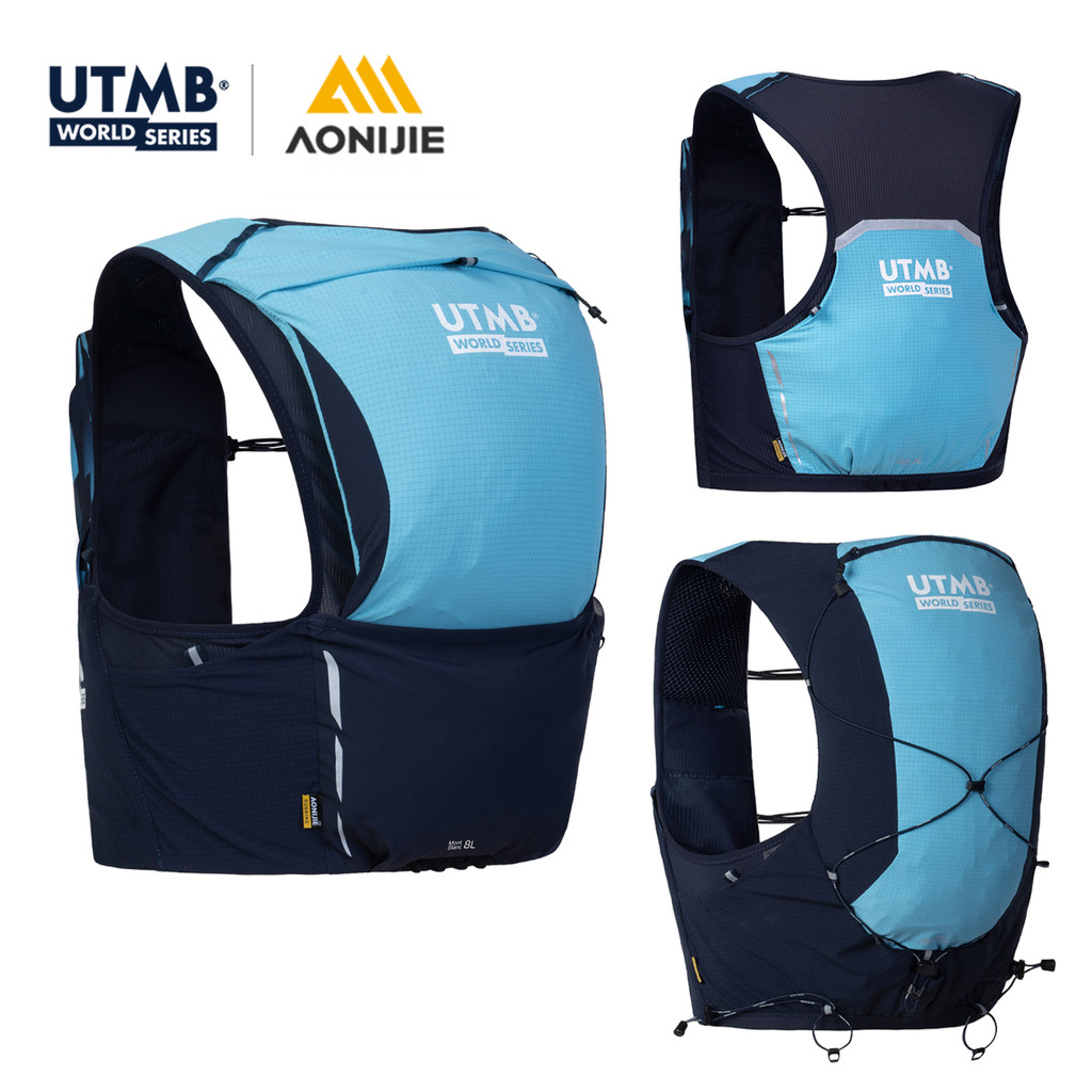 AONIJIE UTMB 4L 8L 12L Trail Running Hydration กระเป๋า 2 ชิ้นฟรีขวด Blue Jogging กระเป๋าเป้สะพายหลังสําหรับ Marathon Jogging เดินป่า 0-100 กม.