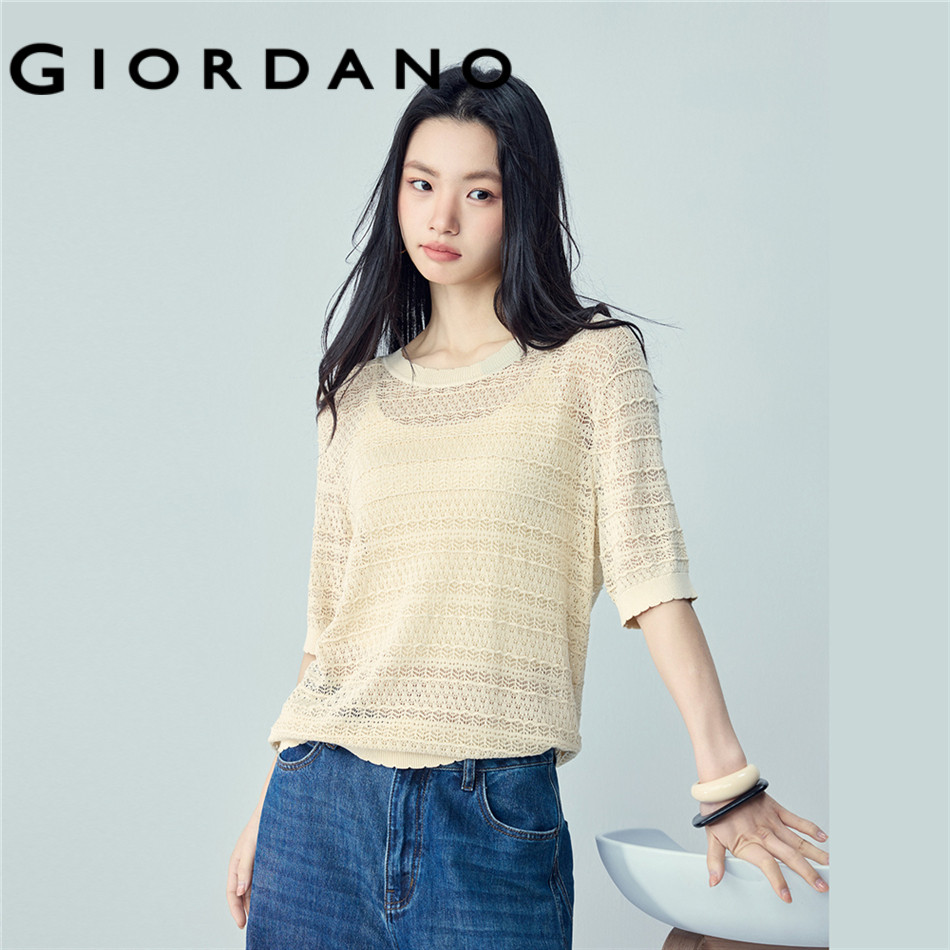 GIORDANO WOMEN Scalloped edge lace openwork knit sweater 13356249