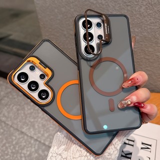 เคสโทรศัพท์; แฟชั่นหรูหราสองสีแม่เหล็ก Galaxy S26 Ultra S26 S25 S24 S23 S22 Plus  โลหะแม่เหล็กโปร่งใสขาตั้งเคสโทรศัพท์เหมาะสําหรับ การชาร์จแบบไร้สาย-ปกป้อ