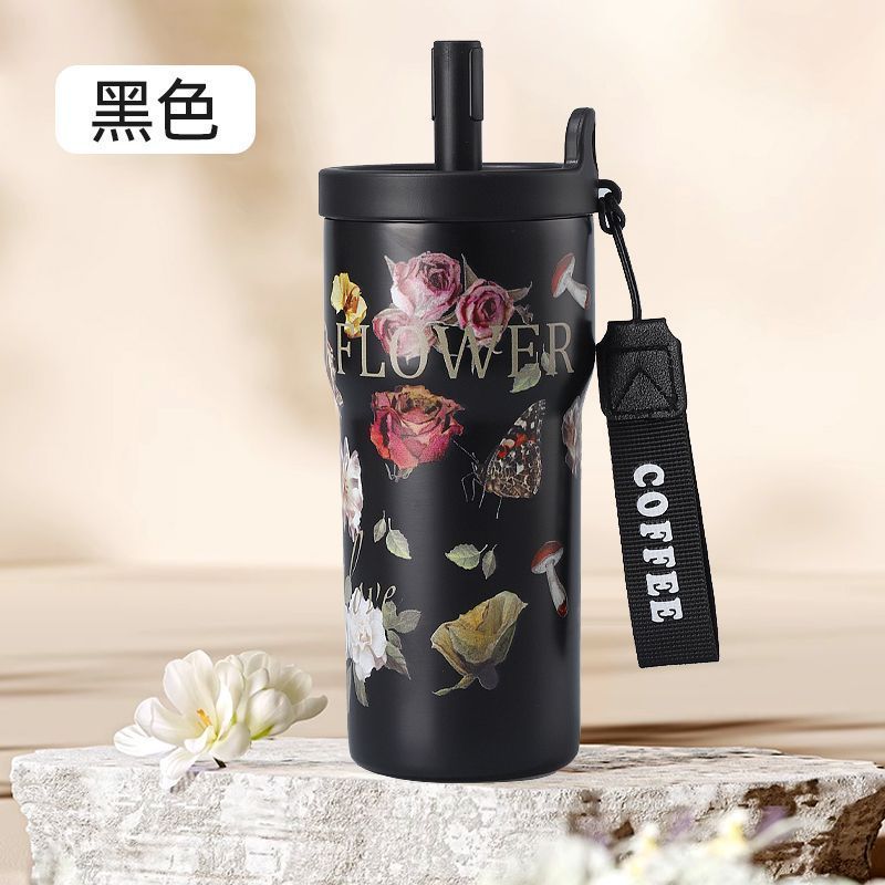 Fanhua Sijin ถ้วยฟางสแตนเลสถ้วยน้ําในรถยนต์ถ้วยเก็บความร้อนแบบพกพาถ้วยกาแฟถ้วยน้ําเก็บความร้อน/pokj