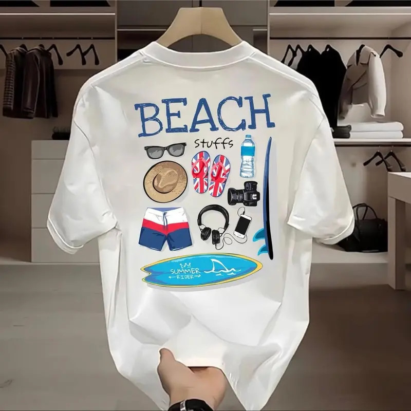 🌷Top.basic🌷เสื้อ oversize ผ้าฝ้าย  แฟชั่น เสื้อกีฬา ขาว ไม่ต้องรีด ใส่สบาย 'BEACH' S-3XLเสื้อยืดคอกลม【COD】