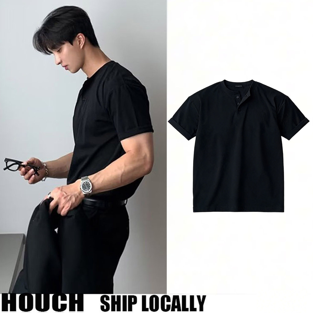 Houch พร้อมส่ง COD เสื้อยืด คอกระดุม ทรงรัดกล้าม (Henley T-shirt Fit) Clothing ผู้ชาย