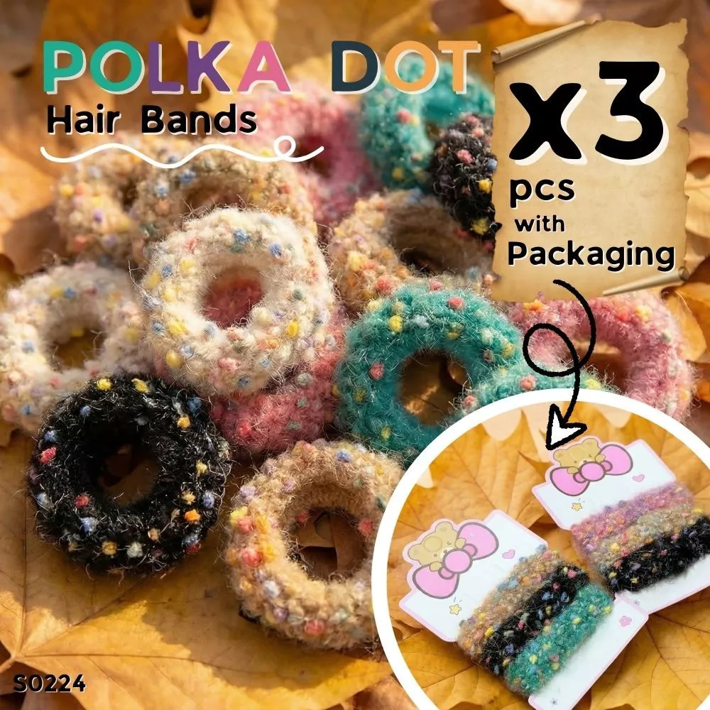 S0224 ยางรัดผม แพ็ค 3ชิ้น/แผง ยางมัดผมขนฟู ลายจุด Polka dot สไตล์เกาหลี น่ารักมาก ผูกผม