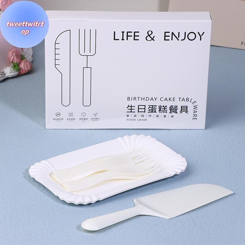 DOUSUN 5Person 10Person สีขาวเค้กวันเกิดส้อมชุดพลาสติกทิ้งจานอาหารค่ําชุดเค้กเบเกอรี่บนโต๊ะอาหาร TH