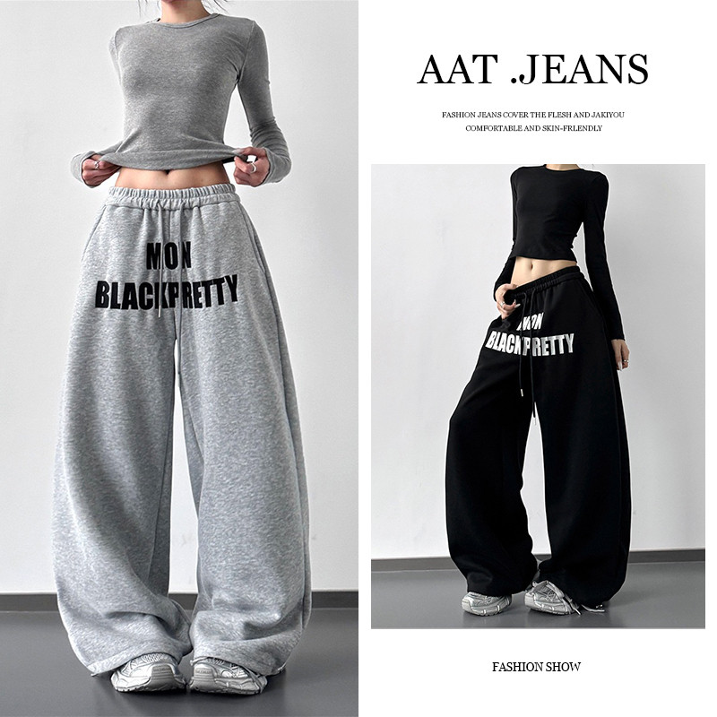 [Hip-hop print] สไตล์อเมริกันผู้หญิงกีฬาตัวอักษรวินเทจพิมพ์แจ๊สฮอร์ นกางเกงลำลอง ( ผ้าบาง สำหรับหน้าร้อน )