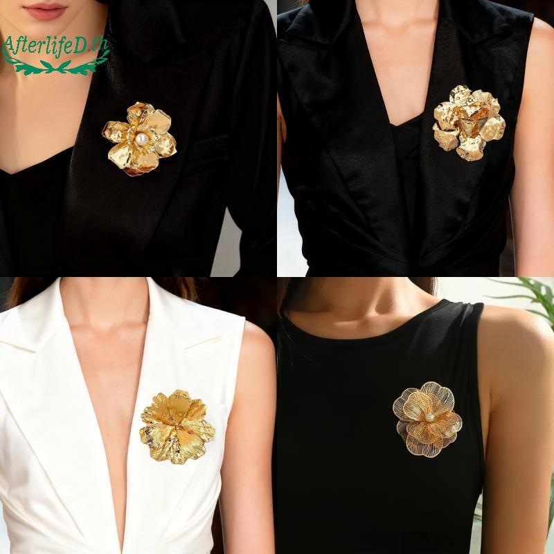 AF Elegant Golden ดอกไม้เข็มกลัด 3D Layered Design สําหรับผู้หญิง Retro เสื้อกันหนาวสําหรับชุดลําลอง