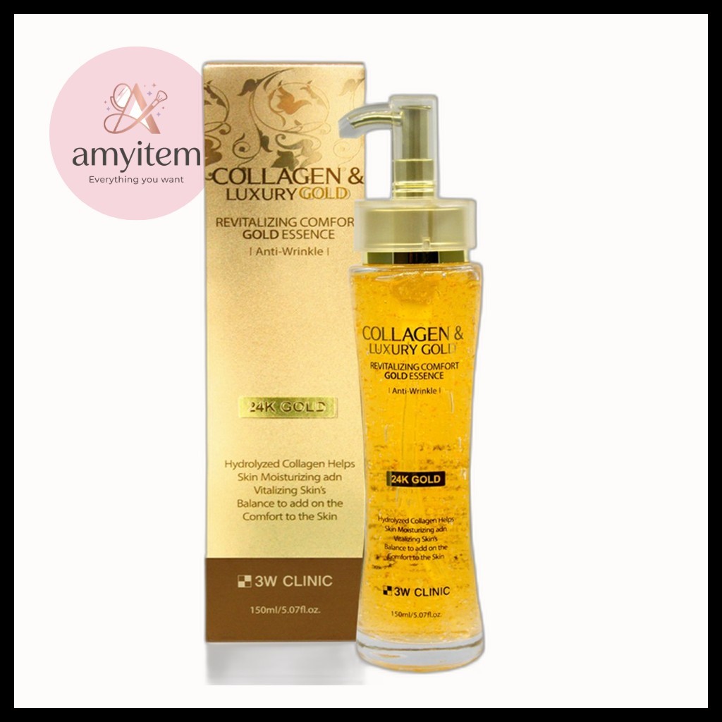 3W CLINIC [คลินิก 3w] Collagen & Luxury Gold Essence, 150ml, 1pc / Korean Essence / Radiant Finish /