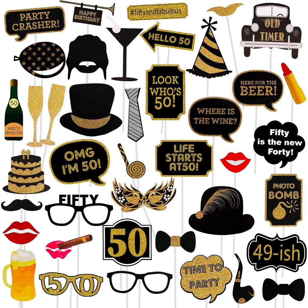 50th Birthday Photo Booth Props - 41 ชิ้นสีดําและสีขาวตลกตกแต่งงานเลี้ยงวันเกิดสําหรับผู้ชายและผู้หญ