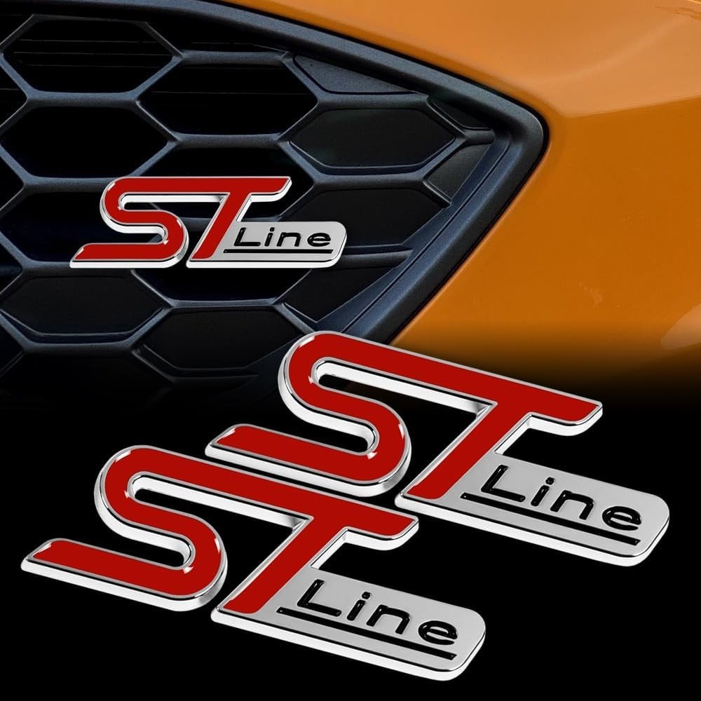 Q1-TECH, 2 PCS ST Line Emblem 3D ป้ายโลหะรถ Hood รถบรรทุกประตูด้านข้างด้านหลังสติกเกอร์ Emblem สําหร