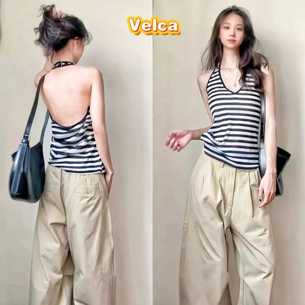 ส่งไวจากไทย เสื้อท่อนบน แขนกุด ลายทาง คล้องคอ น่ารักเซ็กซี่ ใส่แล้วสวย Velca