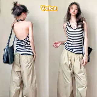 ส่งไวจากไทย เสื้อท่อนบน แขนกุด ลายทาง คล้องคอ น่ารักเซ็กซี่ ใส่แล้วสวย Velca