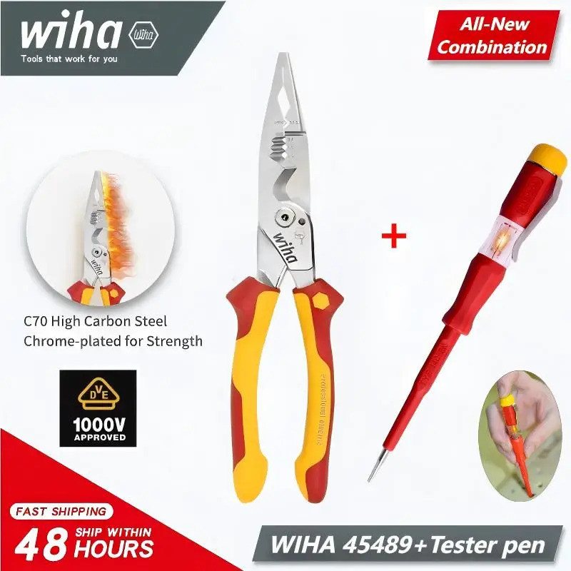 WIHA 45489 คีมช่างไฟฟ้าหุ้มฉนวน 8-in-1 1000V VDE - Precision Wire Stripper เครื่องตัด + ฟรีปากกาทดสอ