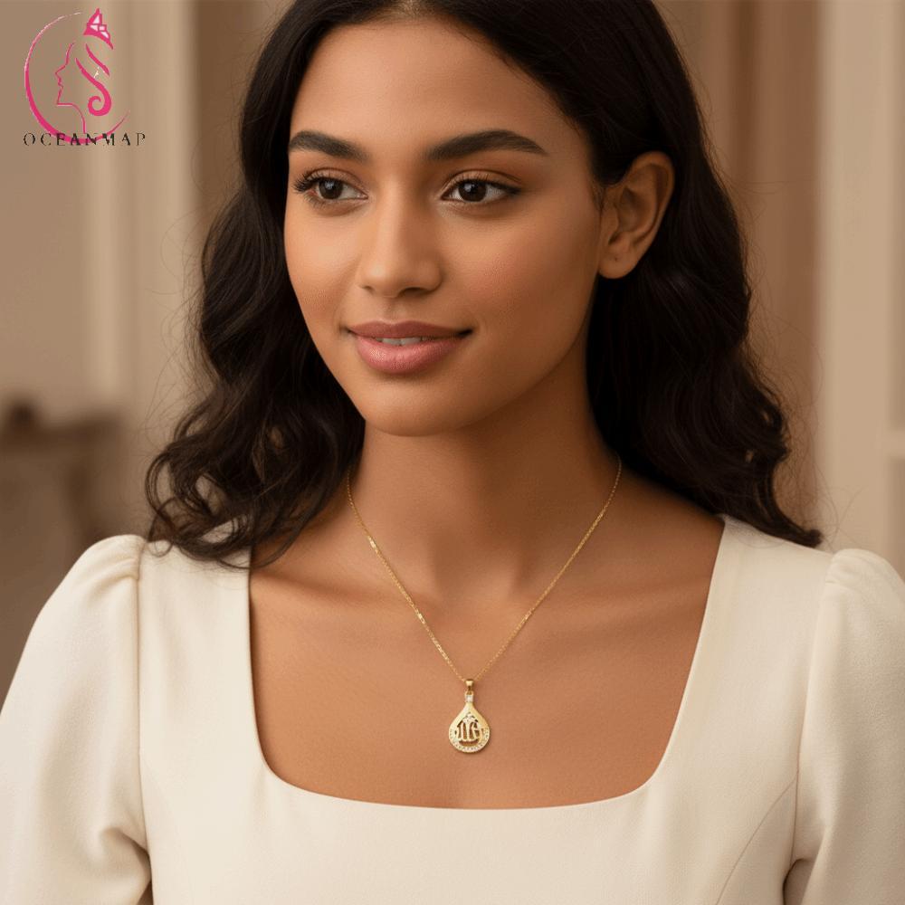 OCEANMAP Allah จี้สร้อยคอ, โซ่สแตนเลส Faith สร้อยคออิสลาม, สัญลักษณ์คริสตัลทุกวัน Drop Shape จี้ Qur