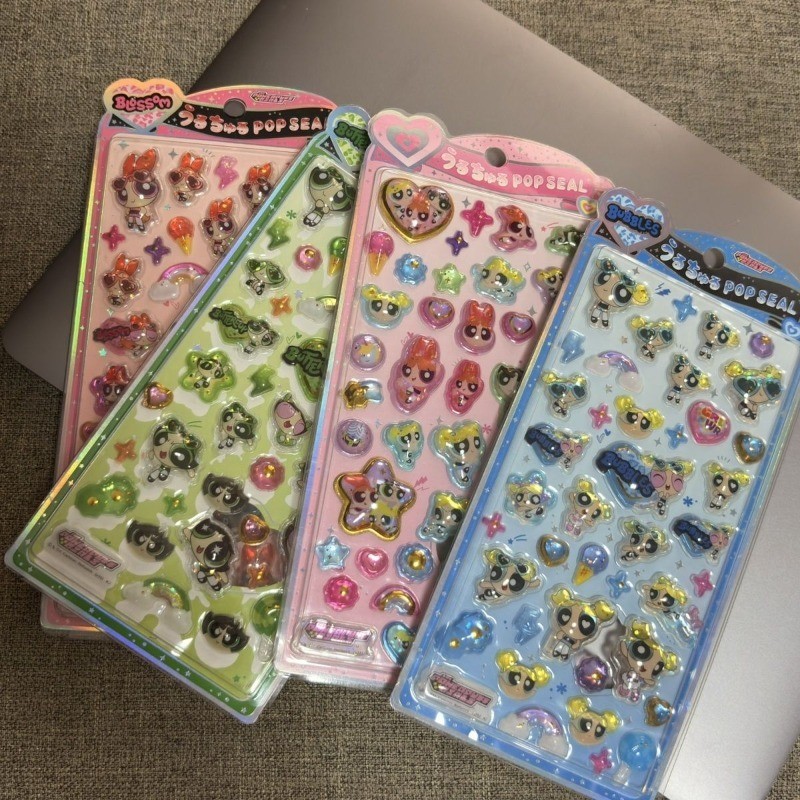 สติ๊กเกอร์ Powerpuff Girls Gilding 3D คริสตัลนูนดอกไม้ Furry Solid น่ารัก