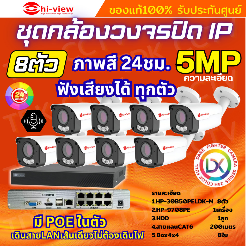 Hiview ชุดกล้องวงจรปิด 5ล้านพิกเซล8ตัว IP ระบบPOE สี24ชม.ฟังเสียงได้ พร้อมเครื่องบันทึก8ช่อง ไม่ต้อง