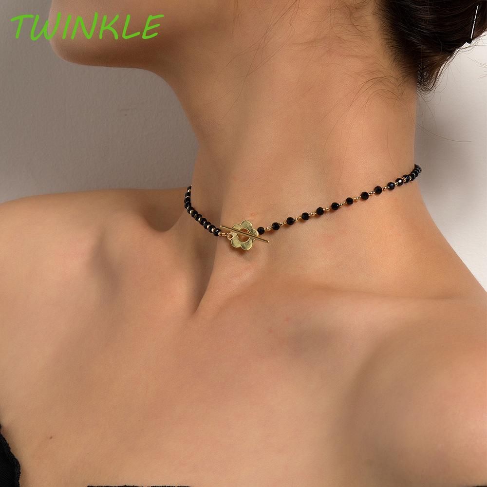 TWINKLE1 สร้อยคอลูกปัดคริสตัล OT หัวเข็มขัดอารมณ์ผู้หญิงคริสตัลสีดําดอกไม้จี้หญิง Choker