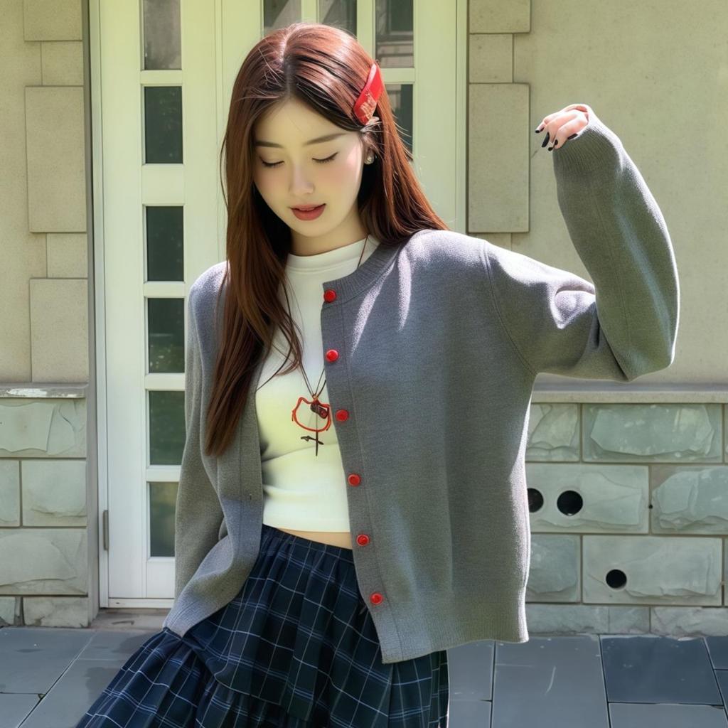 15693 เสื้อคาร์ดิแกนถักสำหรับผู้หญิง สีพื้น ดีไซน์กระดุมรูปหัวใจ