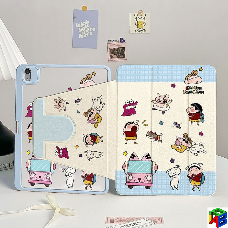 เคส iPad Gen11-A16 Gen10 Air7-M3 พร้อมที่วางปากกา Crayon Shin-chan 360°เคส iPad หมุนได้ Air6 11/13 A