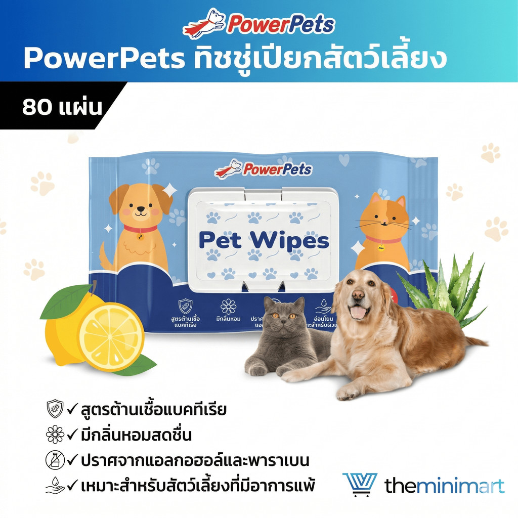 ทิชชู่เปียกสำหรับสัตว์เลี้ยง แบรนด์ PowerPets  สูตรต้านเชื้อแบคทีเรีย 80 แผ่น ปราศจากแอลกอฮอล์