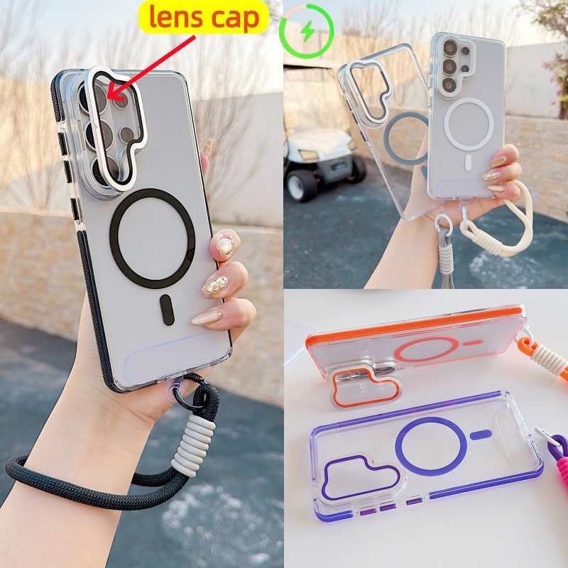 ฝาครอบเลนส์แม่เหล็กปลอกใสสําหรับ Samsung Galaxy S26 S25 S24 S23 เคส Ultra Plus พร้อมสายรัดข้อมือฝาครอบขาตั้งเลนส์