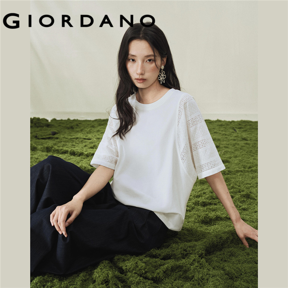 GIORDANO WOMEN Knit and woven mesh round-neck short-sleeve T-shirt - High Quality 18326206
