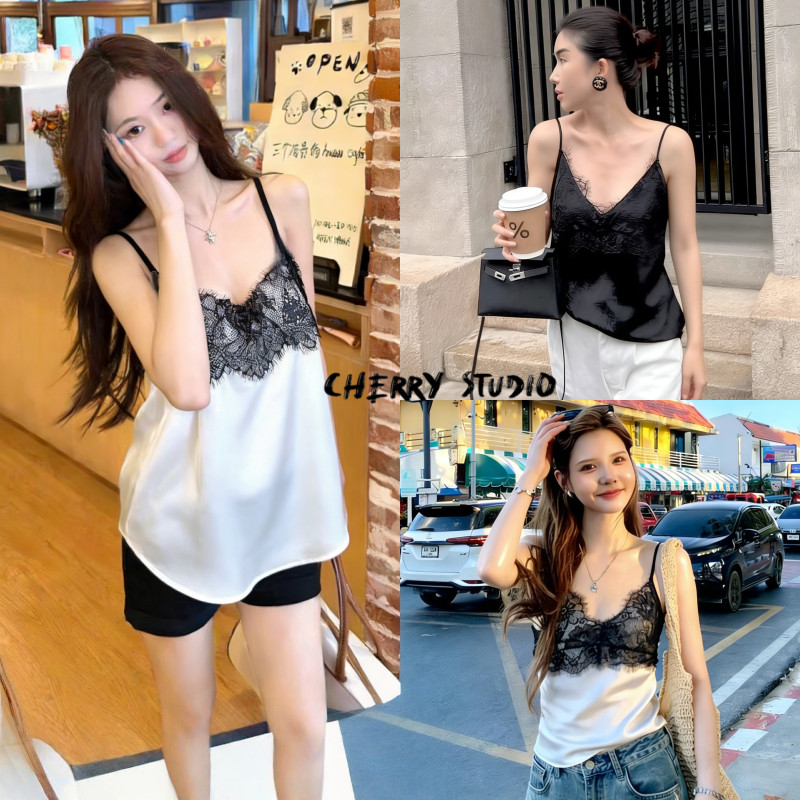 Cherryพร้อมส่ง🫦 เสื้อสายเดียวผ้าซาตินลูกไม้ไม้ผ้าซาตินเสื้อกล้ามคอวีดีไซน์เก๋ไก๋สไตล์ฝรั่งเศสทรงหลวมใส่สบายเซ็กซี่สุดๆ