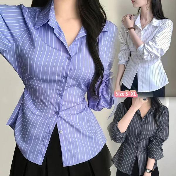 Chili#เสื้อเชิ้ตผู้หญิงลายทาง ทรงเข้ารูป กระดุมแถวเดียว แขนยาว คอวี ดีไซน์ทันสมัยและใช้งานได้หลากหลาย#99301