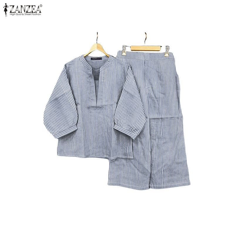 ZANZEA ชุดทำงานลำลองสำหรับผู้หญิง สไตล์เกาหลี V-neck 3/4 แขน กางเกงขากว้างเอวยางยืด