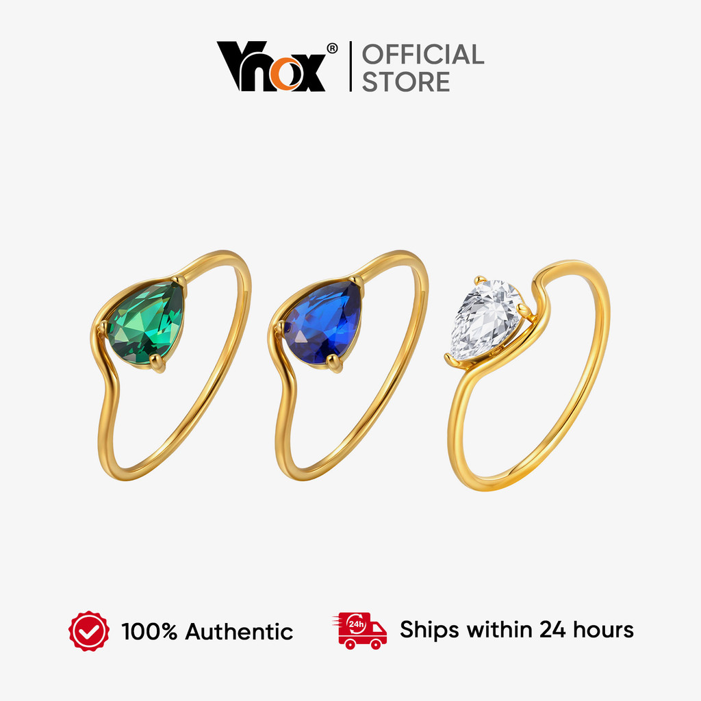 Vnox หรูหรา Water Drop รูป Cubic Zirconia สแตนเลสแหวนผู้หญิง 18K Gold Plated เครื่องประดับกันน้ําของขวัญ