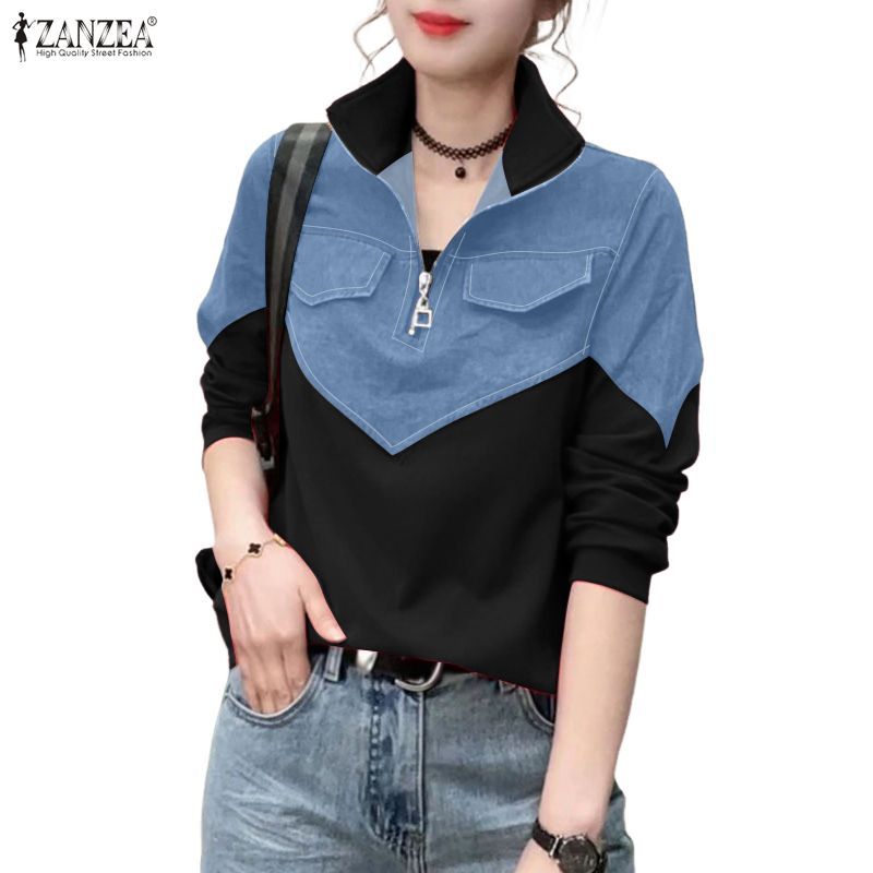 ZANZEA โค้ทผ้าใบสำหรับผู้หญิงสไตล์เกาหลีเรโตร คอครึ่งซิปลายพักเกิร์ตแขนยาว