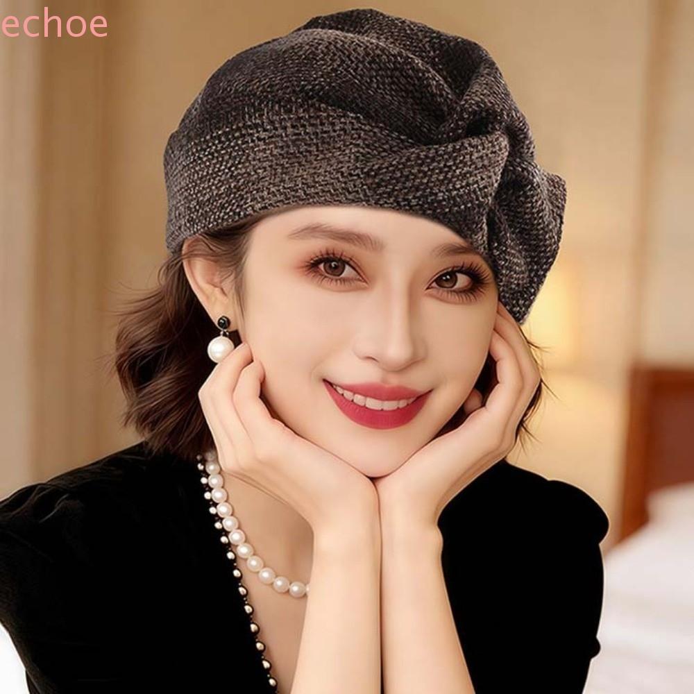 ECHOEDGE_beret_หมวกลายสก๊อต ถักเส้นใยอะคริลิค สำหรับสุภาพสตรี กับโบว์ทแพร่งด้านบน