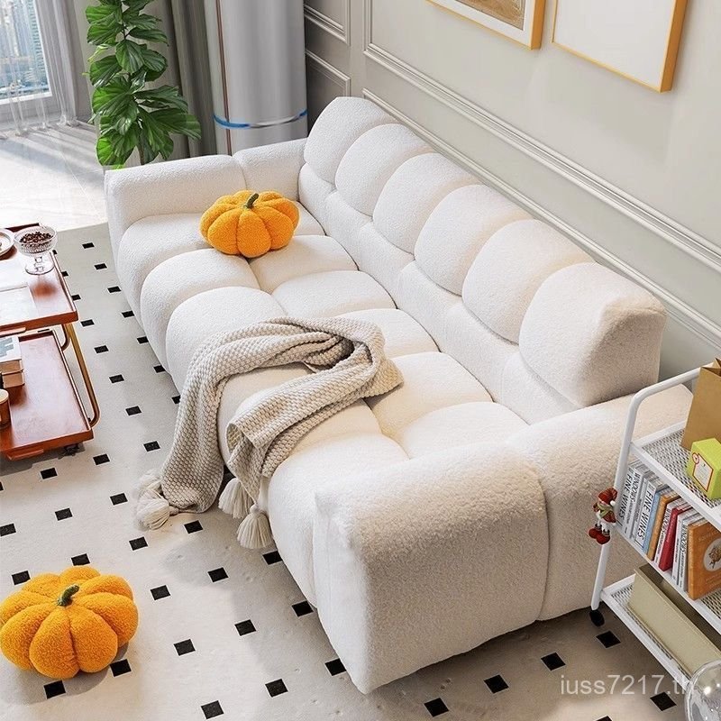 Nordic Marshmallow French Lamb ขนแกะโซฟาขนาดเล็ก Apartment โซฟาสไตล์สามคนครีมผ้าอินไลน์ห้องนั่งเล่น 