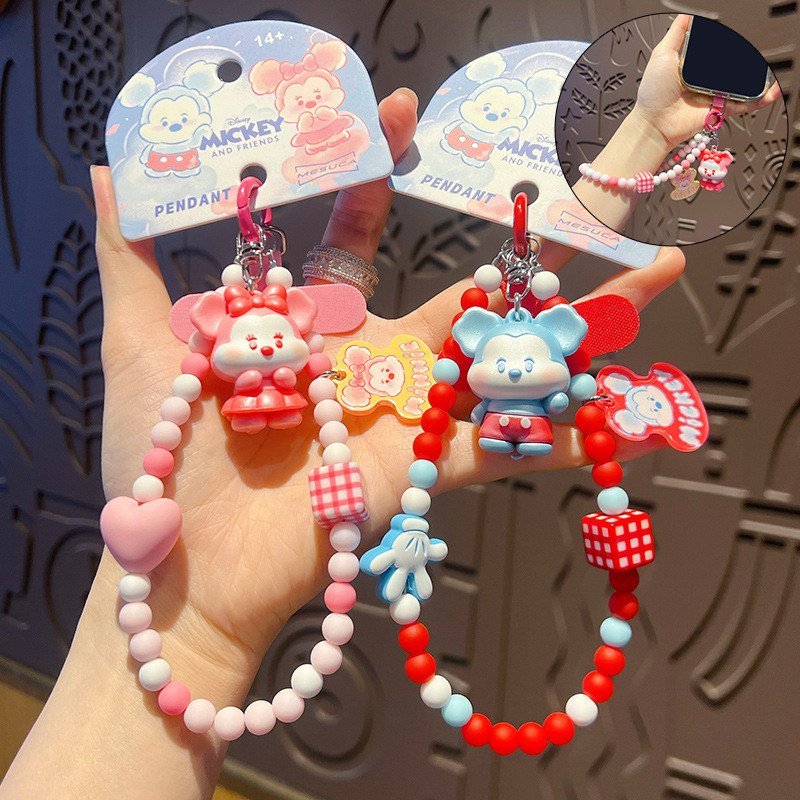 ของแท้ดิสนีย์ลูกปัดโทรศัพท์มือถือโซ่พวงกุญแจน่ารักการ์ตูนมิกกี้มินนี่ตุ๊กตาจี้