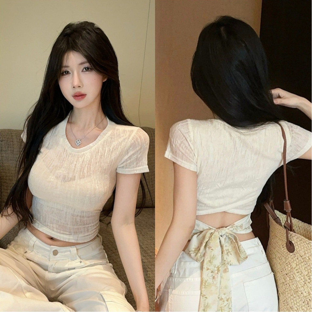 Miqi คอกลม ผ้าไหมพรมสีครีมใส่ง่าย เสื้อครอป แฟชั่นสำหรับผู้หญิง สไตล์เกาหลี จัดส่งทันที