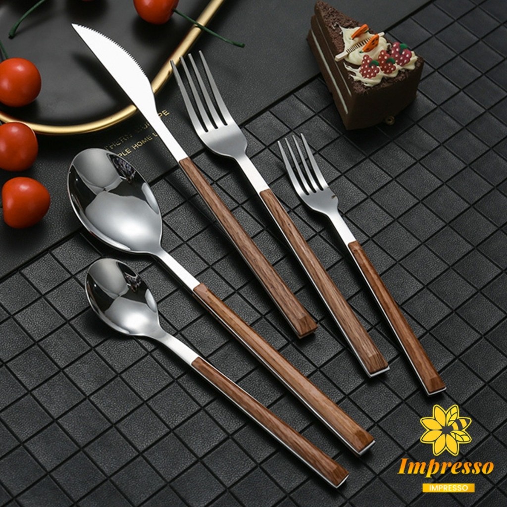 Impresso ช้อน ส้อม มีด (มีดโต๊ะ) สไตล์ด้ามจับเลซิ่นลายไม้ ช้อนส้อมสแตนเลส 1 ชิ้น Tableware - รูปที่ 7