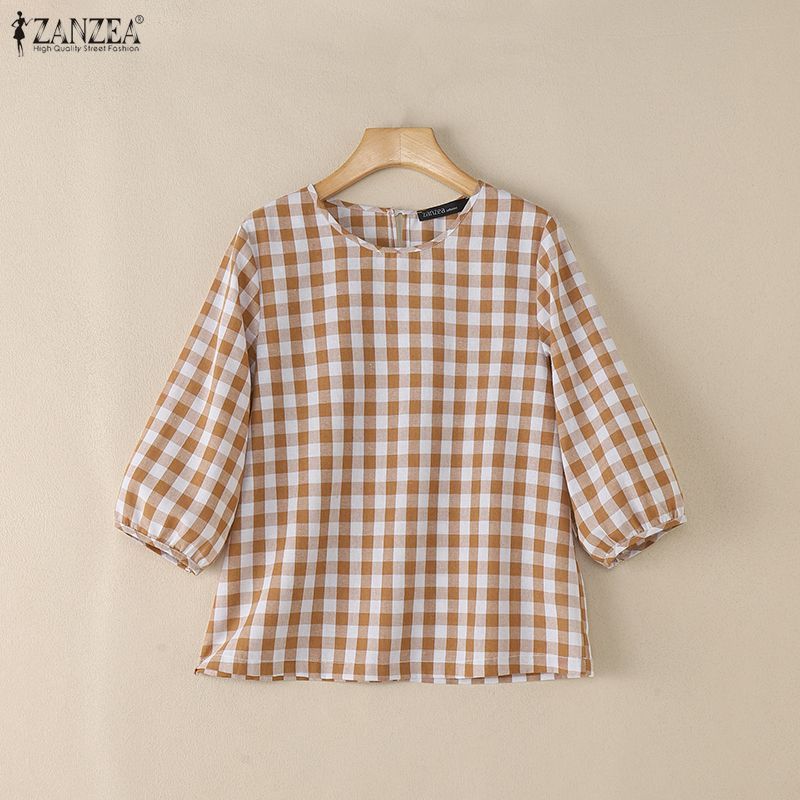 เสื้อลายสก๊อตสำหรับผู้หญิง สไตล์เกาหลีวินเทจ คอด้านและแขน3/4