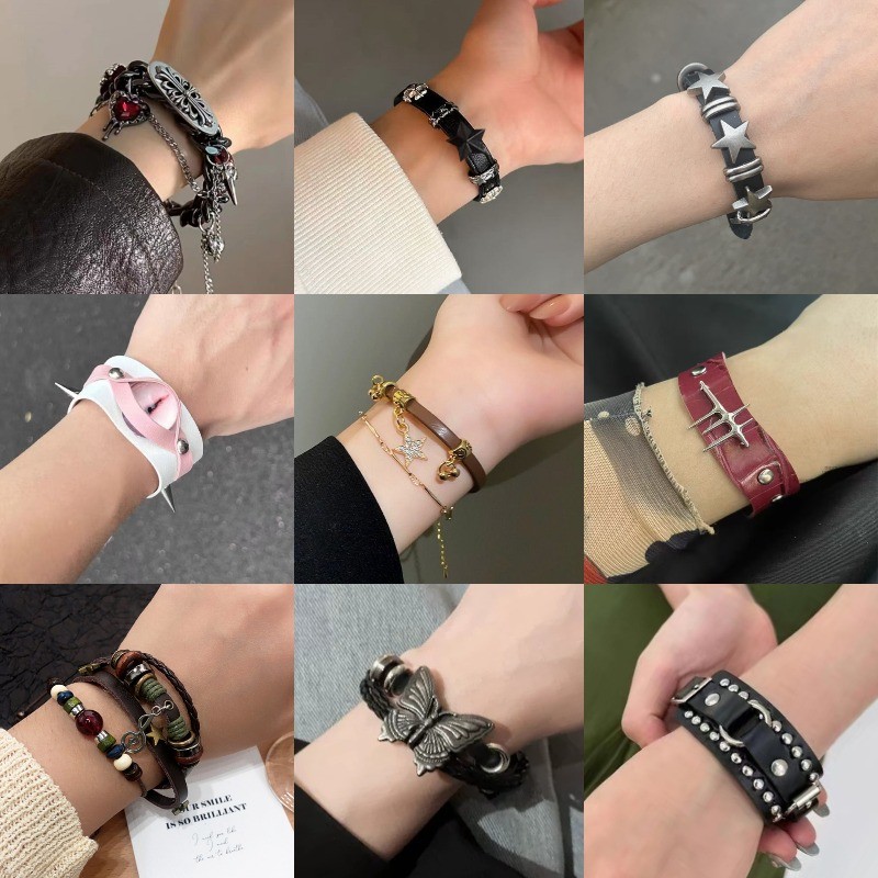 สร้อยข้อมือหนังพังก์วินเทจสำหรับผู้หญิง สไตล์ร็อก ตกแต่งลายผีเสื้อ