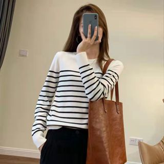 เสื้อยืดแขนยาวสไตล์ฮันบกสำหรับผู้หญิง ลายแถบสีดำและสีขาว เหม…