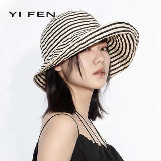 YIFEN หมวกกันแดดผู้หญิง ลายทาง (ขายดี)｜บักเก็ตปีกกว้าง｜ใส่แล้วหน้าเล็ก มินิมอล｜แฟชั่นหน้าร้อน