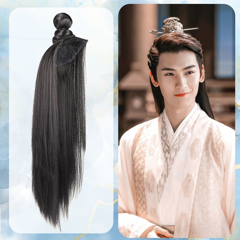 ชุดฮันฟูโบราณ มาพร้อมผมปลอมดำสำหรับผู้ชาย หมวกครึ่งใบ และผ้าคลุมไหล่ ทรงผมเรียบหรู