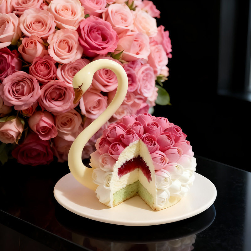 Qixi Rose Swan Mousse เค้กแม่พิมพ์ซิลิโคนภาษาฝรั่งเศสคํา Creative DIY Baking Head คอช็อกโกแลตแม่พิมพ