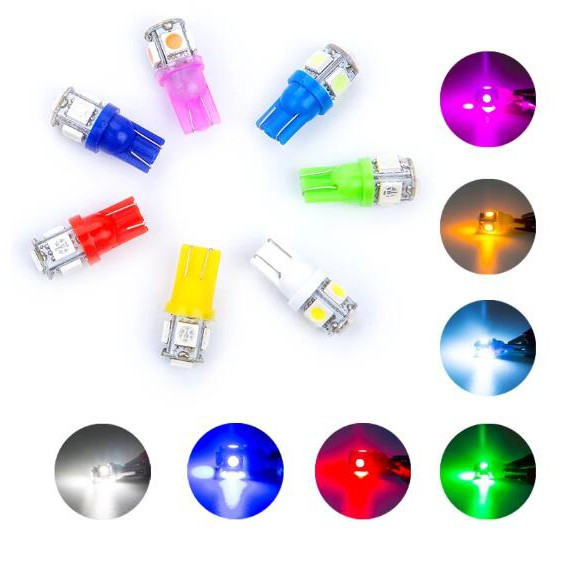 T10 หลอดไฟ LED W5W LED ดาวน์ไลท์ 5 SMD LED สีขาวสีฟ้าสีแดงสีเหลืองสีเขียว 194 168 Super Bright 12V Wedge หลอดไฟ 5050 SMD รถด้านข้าง Wedge ไฟท้ายที่จอดรถหลอดไฟ LED ไฟป้ายทะเบียน