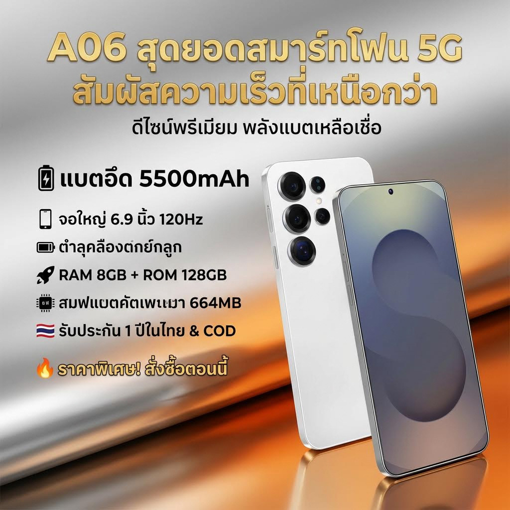 A06 5G มือถือถ่ายรูปสวย 8GB+128GB กล้องหลัง 64MP หน้าจอ 6.9 นิ้ว FHD แบต 5500mAh ชาร์จเร็ว