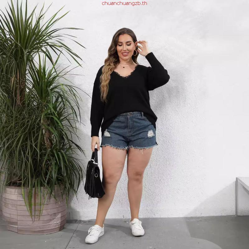 F&H 3789-L-3XL Plus ขนาดผู้หญิง V คอลูกไม้ Patchwork เสื้อกันหนาวเสื้อสวมหัวหนา