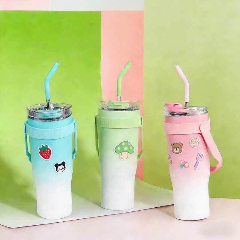 Cups แก้วเก็บความเย็น แก้วกาแฟความจุใหญ่ สเตนเลสแท้ลายน่ารัก ขนาดใหญ่40oz พร้อมหลอดดูด มีหูหิ้ว แก้วน้ำสเตนเลส ถ้วยรถ ราคา ถูกที่สุด ดีลบีเคเค แกลเลอรีภาพที่ 3